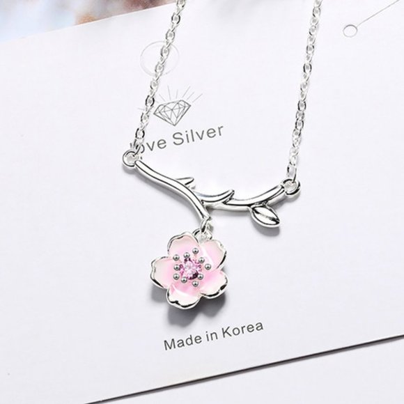 #NEW 925 Sterling Silver Pink White Diamond Cherry Blossom Leaf Branch Necklace - Picture 4 of 11